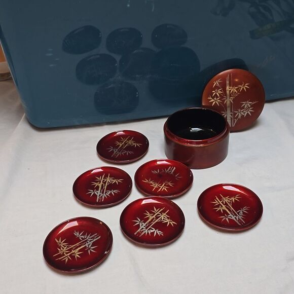 Lacquer Round Coaster Set Bamboo Print w/ Storage Box Japan Lacquerware -flaw - Picture 1 of 11